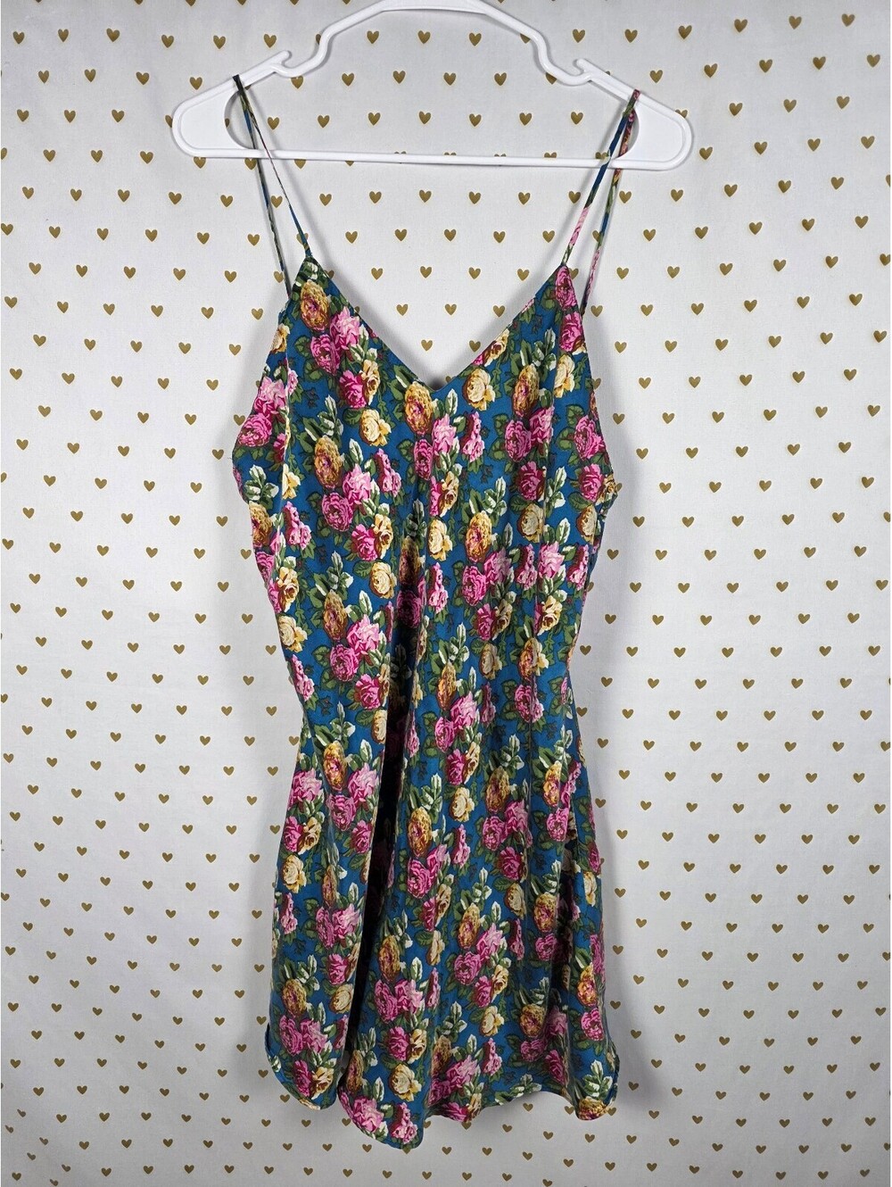 Vintage Victoria's Secret Gold Label 100% Silk Floral Slip Dress L Blue Pink - Picture 1 of 3